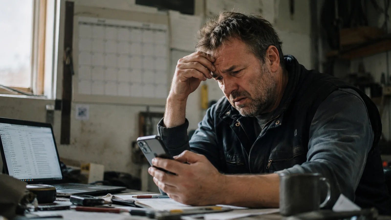 Frustrierter Handwerker schaut auf sein Smartphone