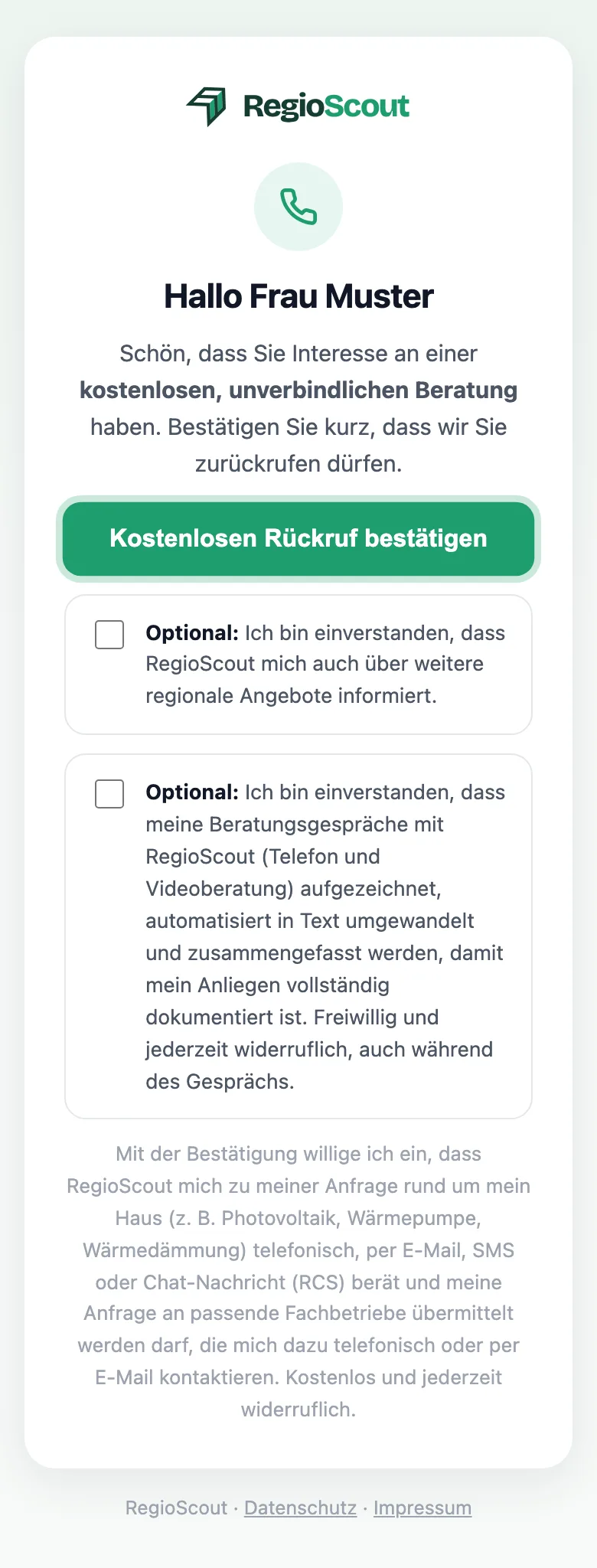 Bestätigungsseite von RegioScout auf dem Smartphone: Begrüßung „Hallo Frau Muster“, Schaltfläche „Kostenlosen Rückruf bestätigen“, zwei optionale Ankreuzfelder und darunter der Wortlaut der Einwilligung.